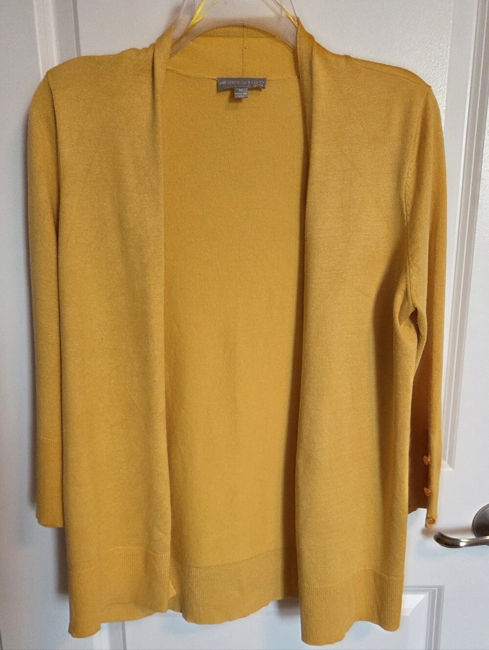 Evolution by Cyrus Mustard Yellow Open Front Cardigan Sweater With Button Sleeve